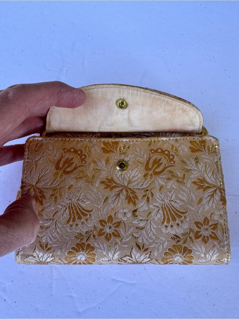 Vintage Mid-Century Metallic Gold Floral Brocade Trifold Wallet Clutch